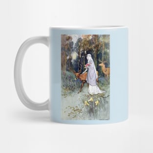 Woman Walking Through the Woods with a Timid Dun Deer - Warwick Goble Mug